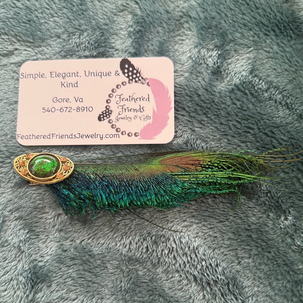 Green and Gold Peacock Feather Brooch